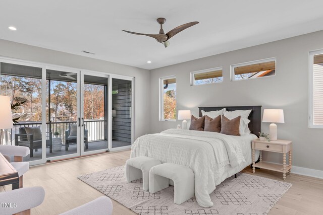 1435 Duplin Rd, Raleigh, NC 27607 - bedroom with access to exterior, wood finished floors, recessed lighting, baseboards, and ceiling fan
