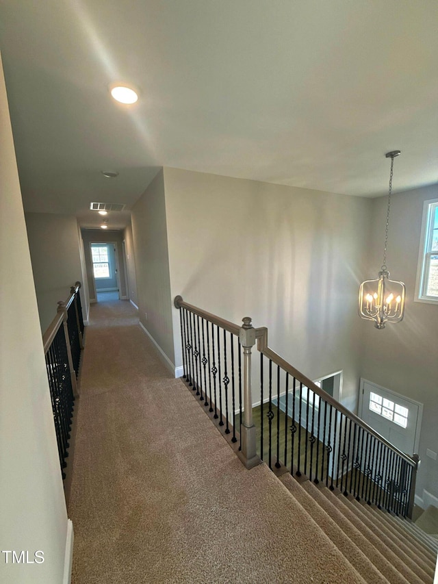 corridor with a notable chandelier and carpet floors