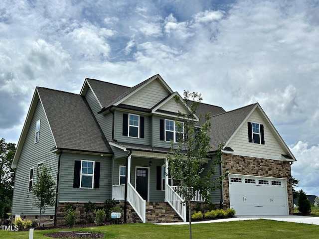 27 Prency Ln, Middlesex, NC 27557 - craftsman inspired home with covered porch, an attached garage, a front yard, concrete driveway, and roof with shingles