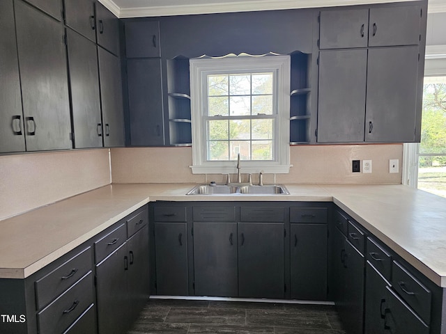 910 Marshall St, Roanoke Rapids, NC 27870 - kitchen with decorative backsplash, sink, gray cabinetry, and kitchen peninsula