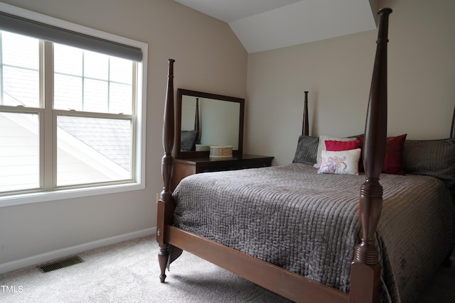 bedroom with lofted ceiling, multiple windows, and carpet