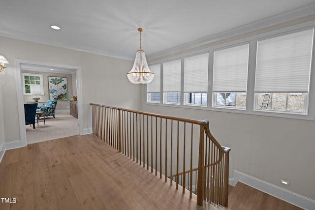 hallway featuring crown molding, light hardwood / wood-style floors, and a wealth of natural light