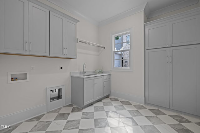 clothes washing area featuring cabinets, washer hookup, sink, electric dryer hookup, and crown molding