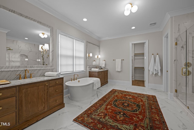 bathroom with independent shower and bath, vanity, and crown molding