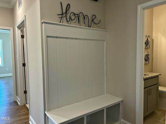 mudroom featuring crown molding and light hardwood / wood-style flooring