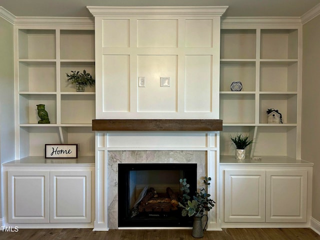 living room featuring dark wood-type flooring and a high end fireplace