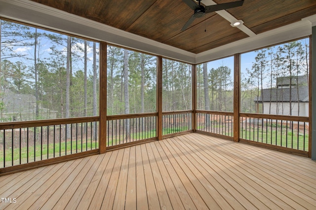 unfurnished sunroom featuring wood ceiling and ceiling fan