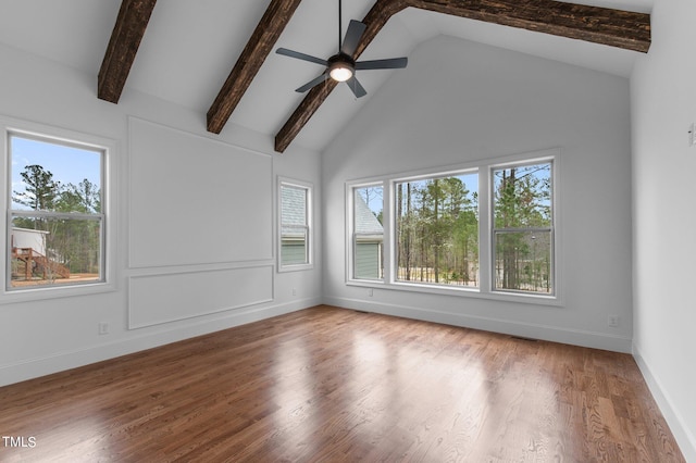 spare room featuring high vaulted ceiling, beam ceiling, ceiling fan, and hardwood / wood-style floors