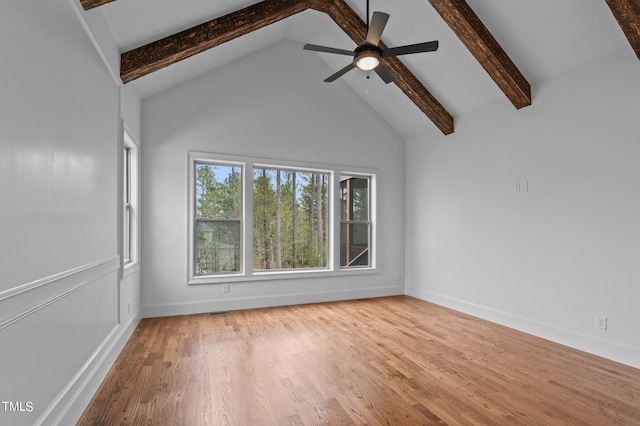 unfurnished room with high vaulted ceiling, beam ceiling, ceiling fan, and light hardwood / wood-style floors