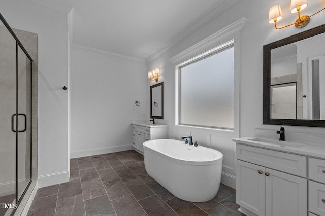 bathroom featuring vanity, shower with separate bathtub, and crown molding