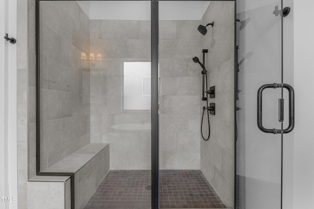 bathroom featuring a shower with shower door