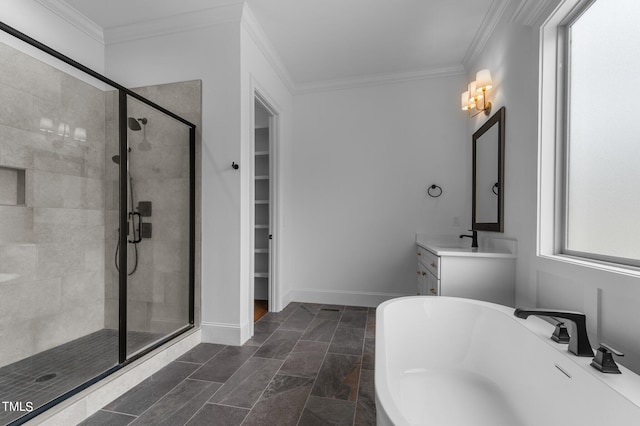 bathroom with independent shower and bath, vanity, and ornamental molding