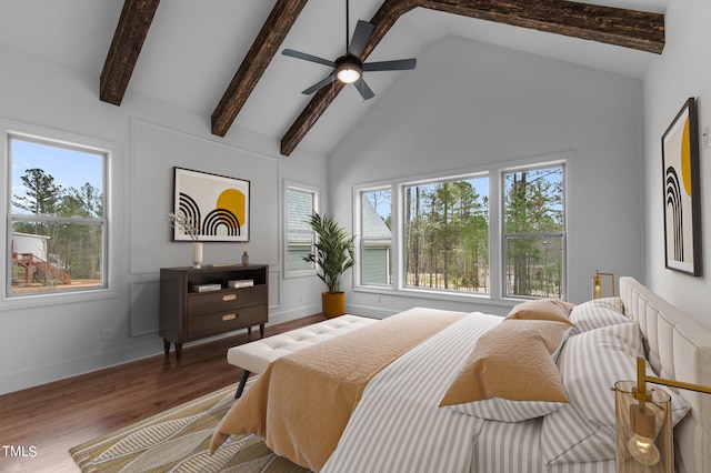 bedroom with high vaulted ceiling, wood-type flooring, ceiling fan, and beamed ceiling