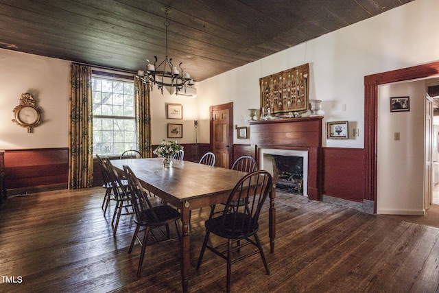6720 Mebane Oaks Rd, Mebane, NC 27302 - dining room featuring hardwood / wood-style flooring, an inviting chandelier, a fireplace, and wood ceiling