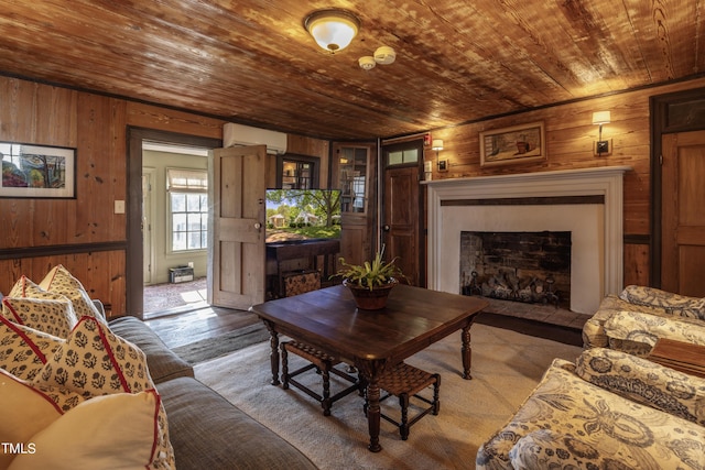 6720 Mebane Oaks Rd, Mebane, NC 27302 - living room with wood finished floors, wood ceiling, wood walls, a fireplace, and a wall mounted AC