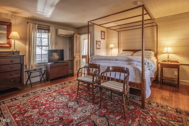 6720 Mebane Oaks Rd, Mebane, NC 27302 - bedroom with hardwood / wood-style floors, wooden ceiling, ornamental molding, and a wall mounted AC