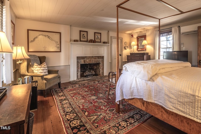 6720 Mebane Oaks Rd, Mebane, NC 27302 - bedroom with wood ceiling, a fireplace, hardwood / wood-style floors, and a wall unit AC