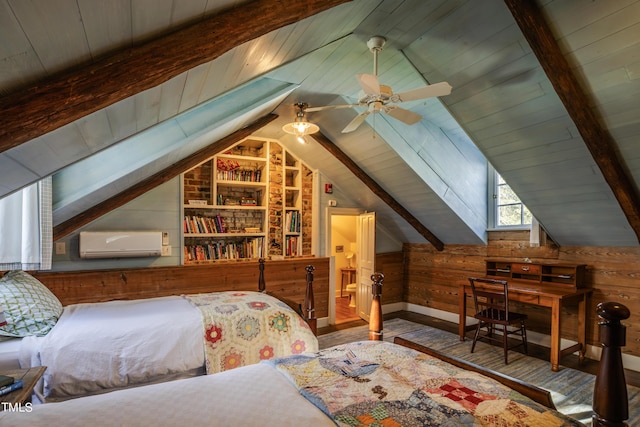 6720 Mebane Oaks Rd, Mebane, NC 27302 - bedroom featuring wooden ceiling, a wall unit AC, vaulted ceiling with beams, wood walls, and wood finished floors