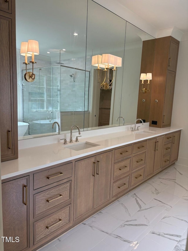 2227 Wheeler Rd, Raleigh, NC 27607 - bathroom featuring double vanity, marble look tile flooring, a shower stall, and recessed lighting