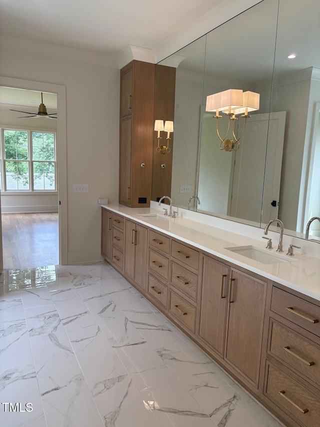 2227 Wheeler Rd, Raleigh, NC 27607 - bathroom featuring double vanity, a ceiling fan, marble look tiles, recessed lighting, and baseboards