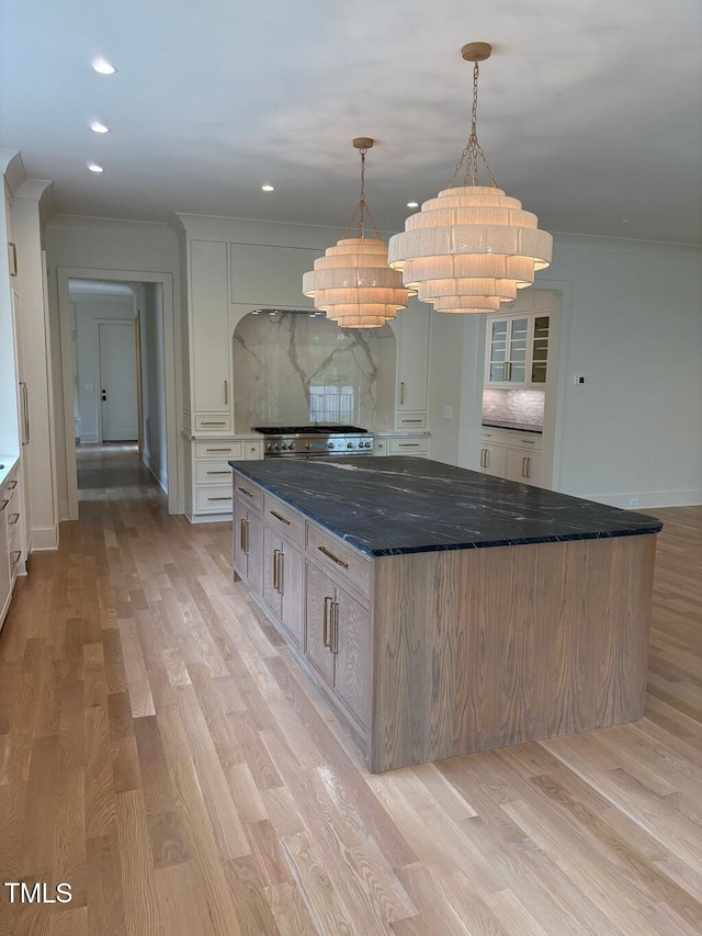 2227 Wheeler Rd, Raleigh, NC 27607 - kitchen featuring ornamental molding, decorative backsplash, light wood-type flooring, a chandelier, and recessed lighting