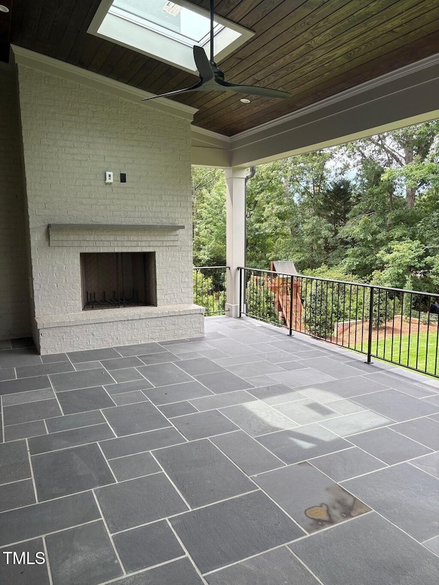 2227 Wheeler Rd, Raleigh, NC 27607 - view of patio / terrace featuring an outdoor brick fireplace and ceiling fan