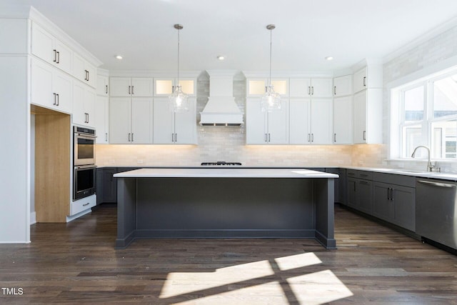 kitchen with custom exhaust hood, a kitchen island, white cabinets, and stainless steel appliances