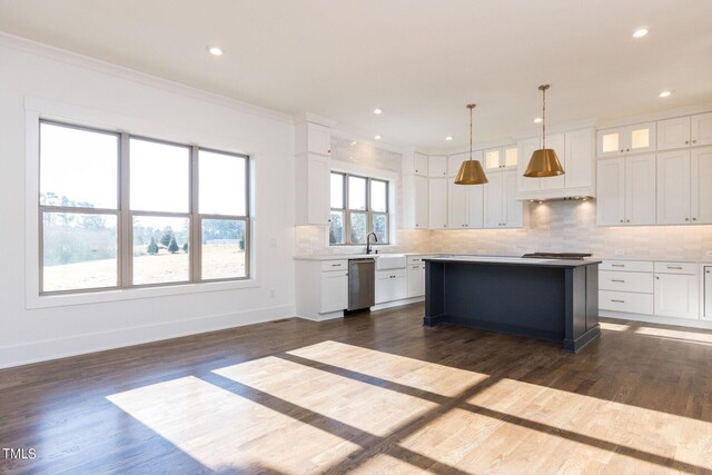 kitchen featuring white cabinetry, decorative light fixtures, appliances with stainless steel finishes, and a kitchen island