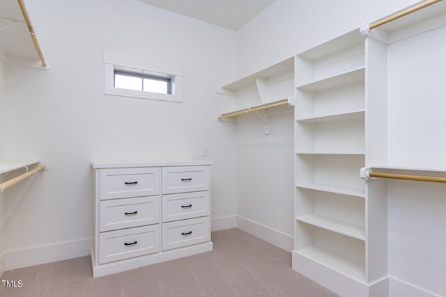 walk in closet featuring light colored carpet