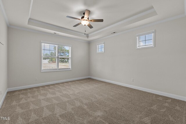 unfurnished room with carpet floors, ceiling fan, a raised ceiling, and crown molding