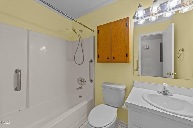 full bathroom featuring a textured ceiling, vanity, shower / washtub combination, and toilet