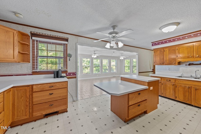 kitchen featuring plenty of natural light, ornamental molding, and a center island