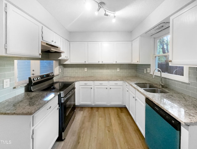 kitchen with tasteful backsplash, white cabinetry, black electric range, sink, and stainless steel dishwasher