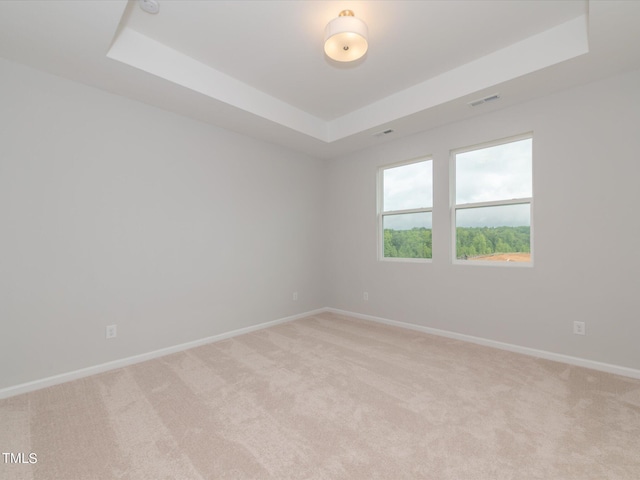 carpeted empty room with a tray ceiling