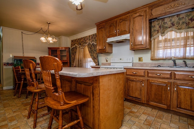 kitchen featuring sink, white range with electric stovetop, ornamental molding, pendant lighting, and an inviting chandelier