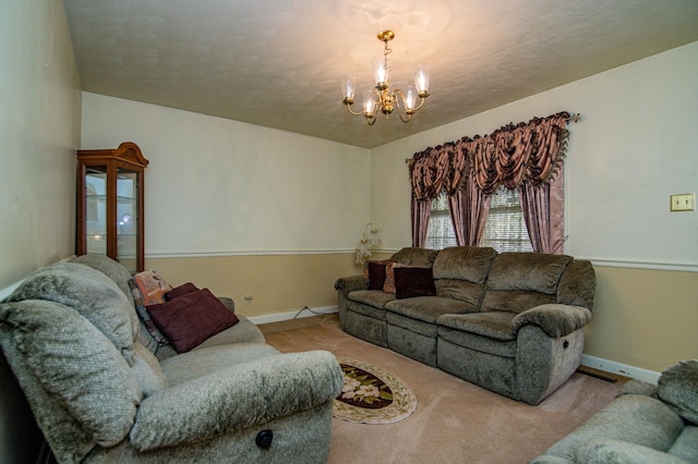 living room featuring light colored carpet, a textured ceiling, and a chandelier