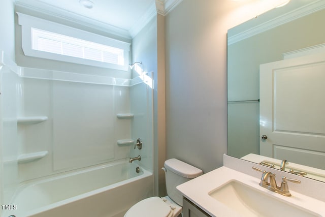 full bathroom featuring  shower combination, crown molding, vanity, and toilet