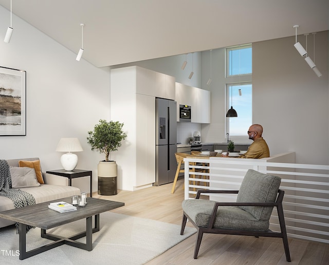 living room featuring light hardwood / wood-style flooring and a high ceiling