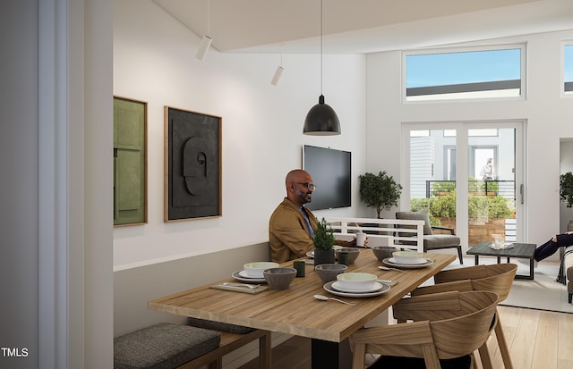 dining room with a high ceiling and hardwood / wood-style floors