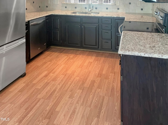 kitchen with light stone counters, sink, light hardwood / wood-style floors, backsplash, and stainless steel appliances