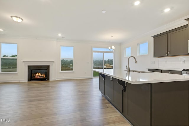 kitchen featuring an island with sink, light hardwood / wood-style floors, backsplash, ornamental molding, and sink