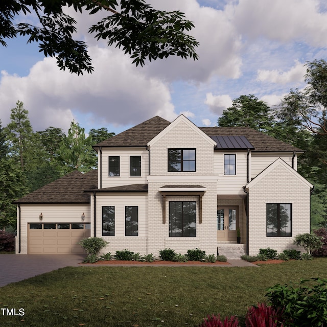 modern farmhouse style home featuring a garage, a shingled roof, concrete driveway, a front lawn, and brick siding