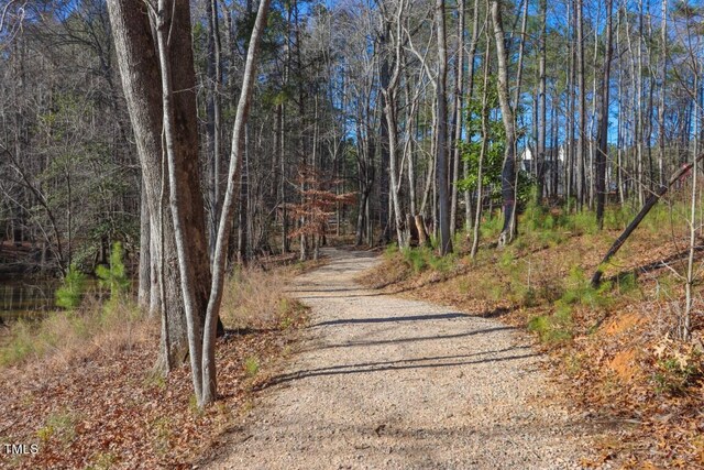 view of street featuring a forest view