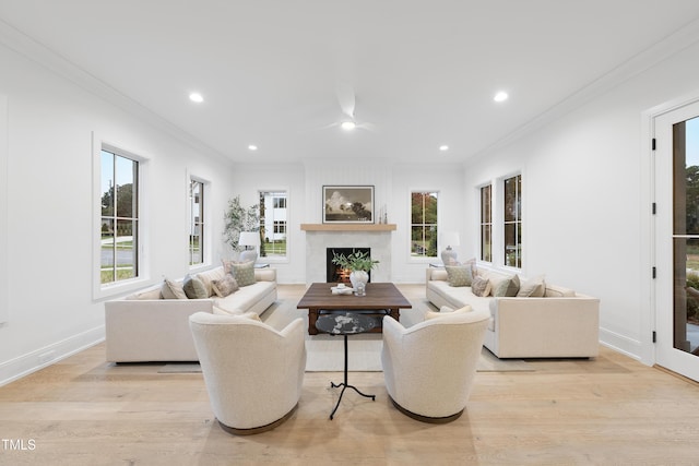 living room with ceiling fan, ornamental molding, and light hardwood / wood-style flooring