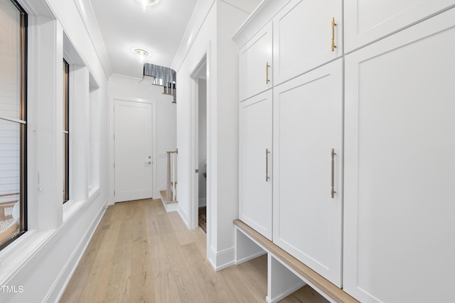 mudroom with crown molding and light hardwood / wood-style flooring