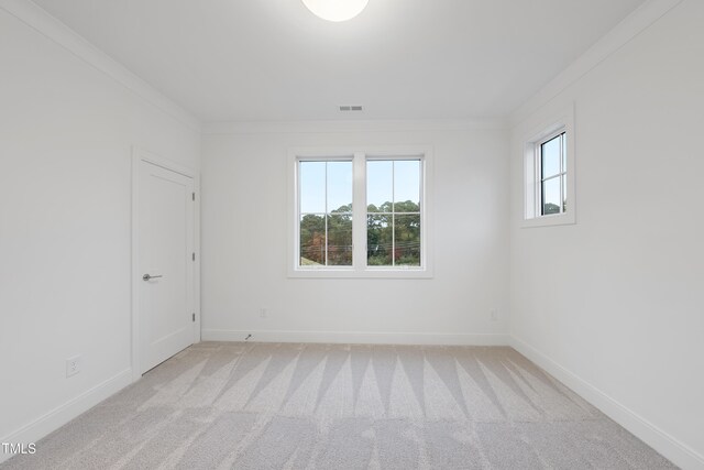 empty room featuring light carpet and ornamental molding