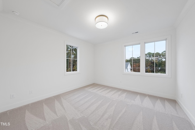 carpeted spare room featuring ornamental molding and a healthy amount of sunlight