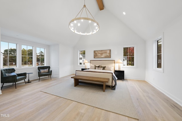 bedroom featuring a notable chandelier, high vaulted ceiling, beamed ceiling, and light wood-type flooring