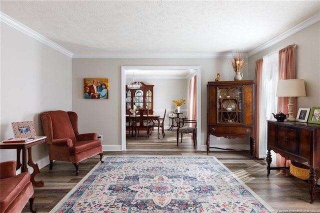 sitting room featuring a chandelier, ornamental molding, dark hardwood / wood-style floors, and a textured ceiling