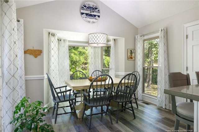 dining room with vaulted ceiling and dark hardwood / wood-style flooring